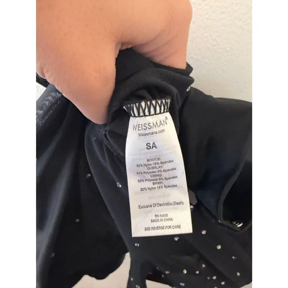 WEISSMAN Dance Costume black rhinestone crystal leotard illusion BOOM 14096 SA